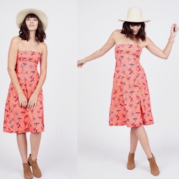 Free People sunshine of your love  Bird Print Strapless Dress 8 - Picture 1 of 2
